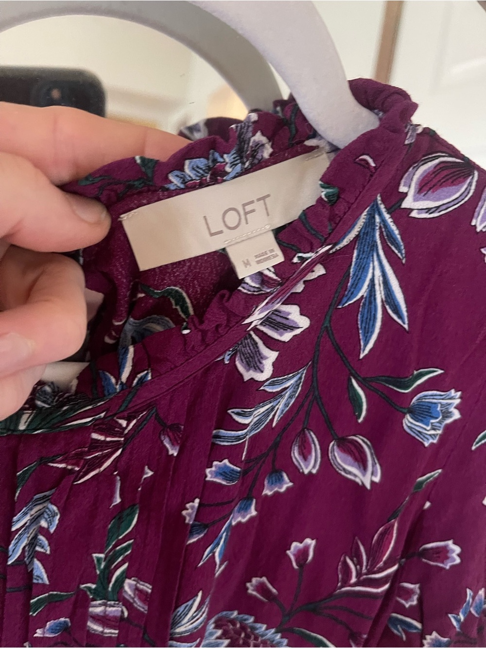 LOFT Plum Floral Ruffle-Neck Blouse - Picture 3 of 4